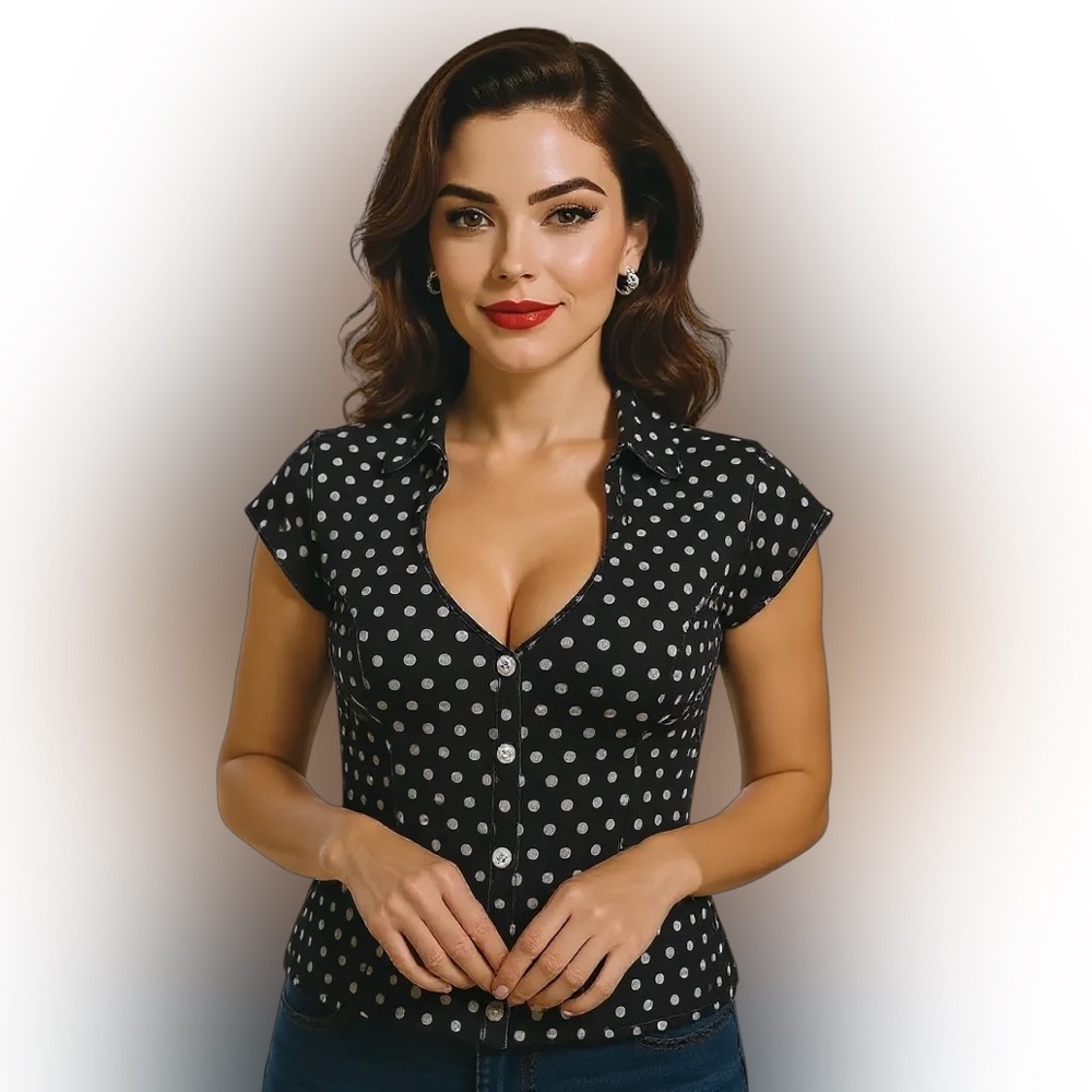 Switchblade Stiletto Polka Dot Button-Up Blouse, Navy/White, M, EUC